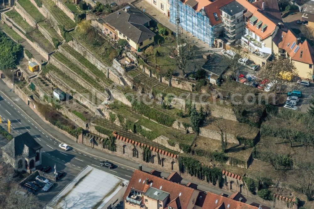 Aschaffenburg from above - Old Town area with the houses on the vineyard terraces along the Loehrstrasse in Aschaffenburg in Bavaria