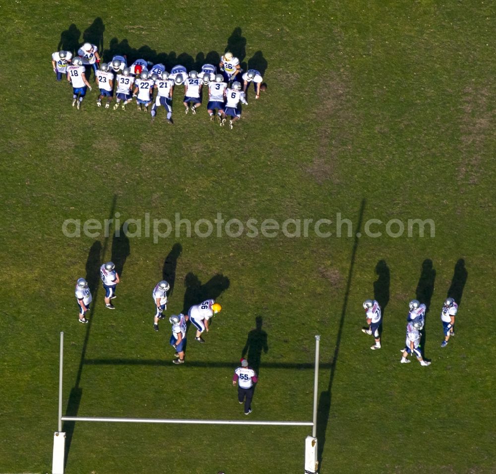 Bochum from above - American football team training at the sports ground in Bochum-Riemke in the state of North Rhine-Westphalia