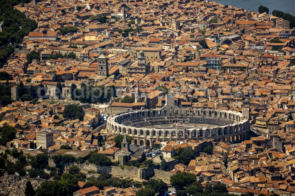 Aerial image Arles - Amphi theater in the city center of Arles on the Cote d'Azur in France