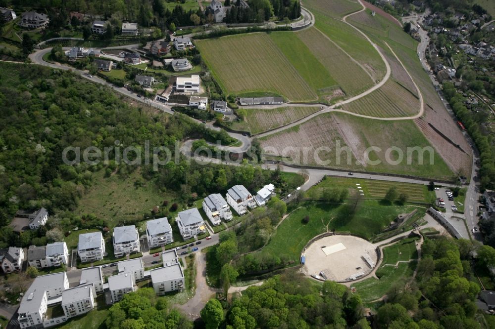 Aerial image Trier - The amphitheater from the Roman period with landscape and adjacent residential area on the Bergstrasse in Trier in Rhineland-Palatinate