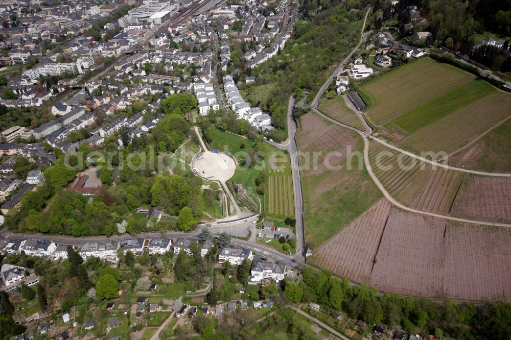 Trier from above - The amphitheater from the Roman period with landscape and adjacent residential area on the Bergstrasse in Trier in Rhineland-Palatinate