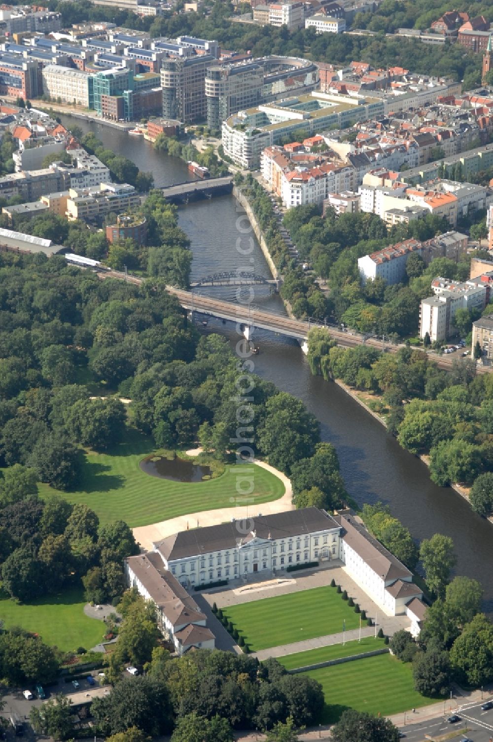 Berlin from above - Palais site of the Federal President in the park of Schloss Bellevue on Spreeweg in the Tiergarten in Berlin