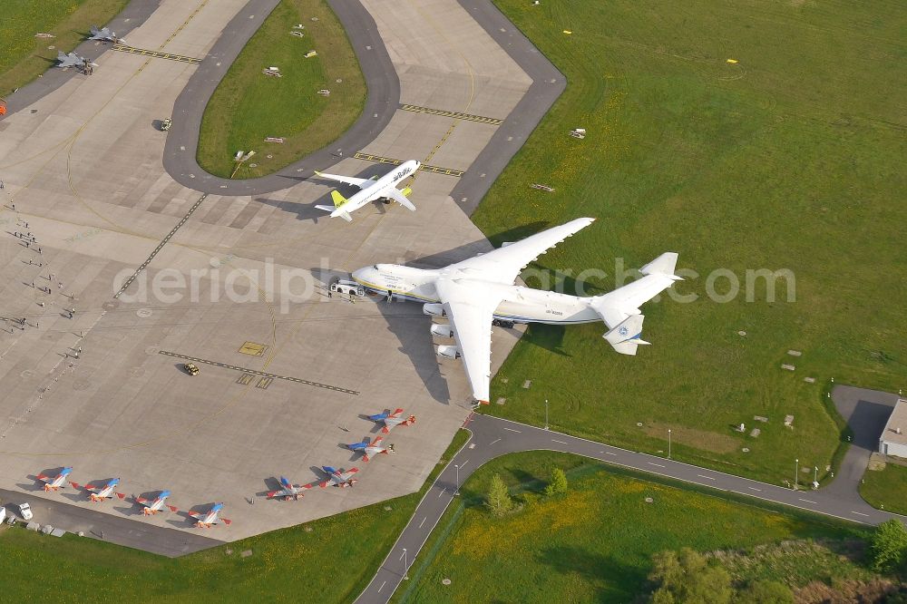 Schönefeld from above - The largest aircraft in the world the AN 225 at the ILA 2018 in Schoenefeld in the state Brandenburg, Germany