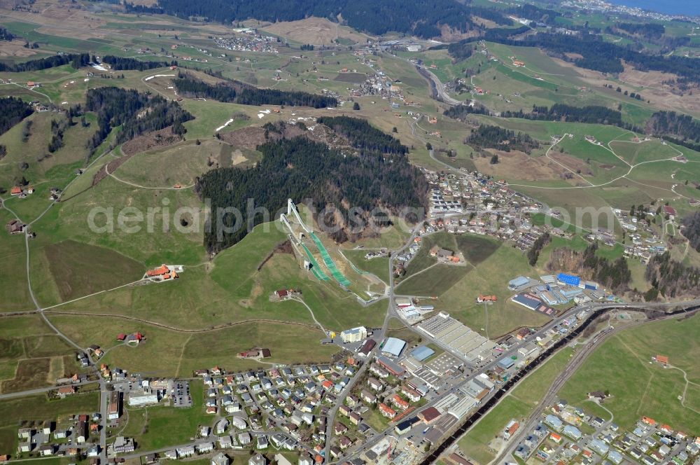 Einsiedeln from the bird's eye view: View of the Andreas Küttel-Schanze in Einsiedeln in the Canton of Schwyz in the Switzerland. The Andreas Küttel-Schanze is one of the four ski-jumping hills, which are part of the Schanzen Einsiedeln