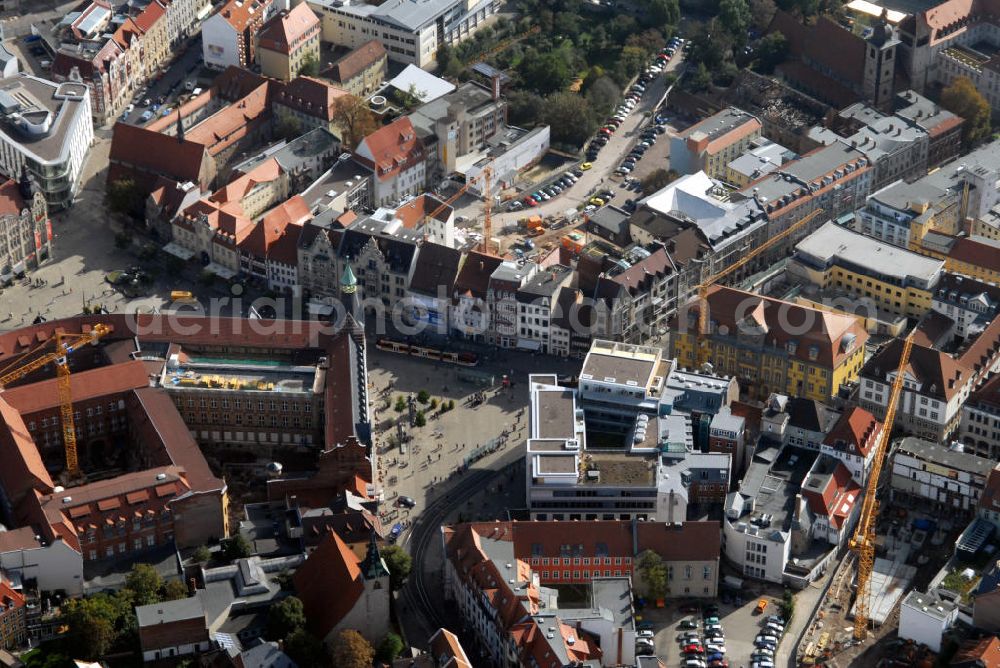 Erfurt from above - Baustelle an der Bornstrasse mit dem Angereck und dem Angermuseum im Hintergrund. Blick auf den Anger in Erfurt. Schon im Mittelalter war der Anger ein bedeutendes Handelszentrum und eine Hauptgeschäftsstraße in Erfurt.