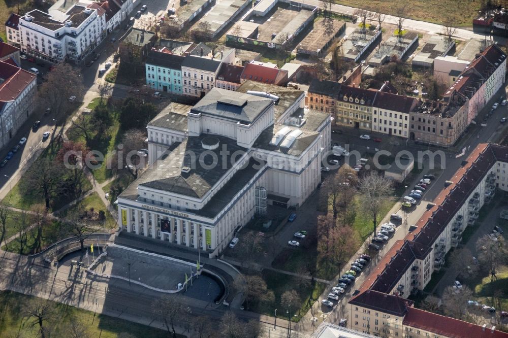 Dessau from the bird's eye view: Building of the concert house and theater play house Anhaltisches Theater Dessau at the peace place in Dessau in the state Saxony-Anhalt, Germany