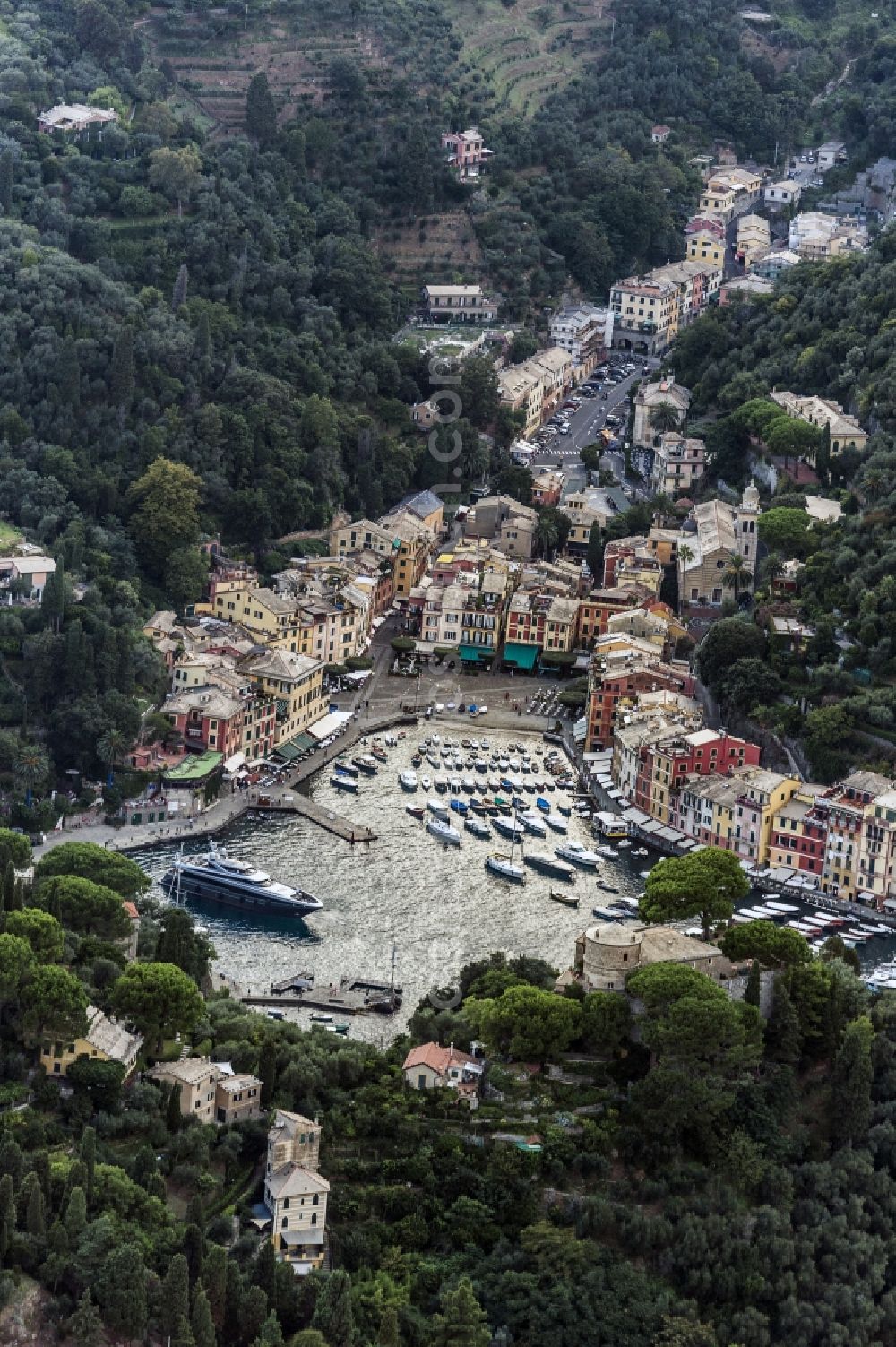 Portofino from the bird's eye view: Harbor and city of Portofino in Liguria in Italy