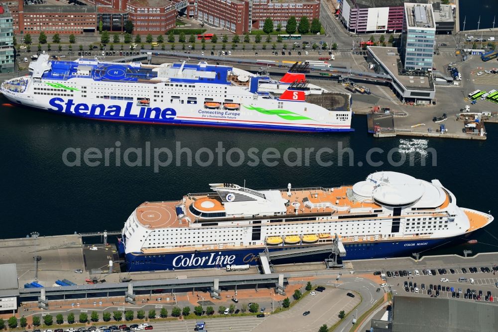 Kiel from above - Anchored and moored ferry in the harbor Color Magic in the district Gaarden-Ost in Kiel in the state Schleswig-Holstein, Germany