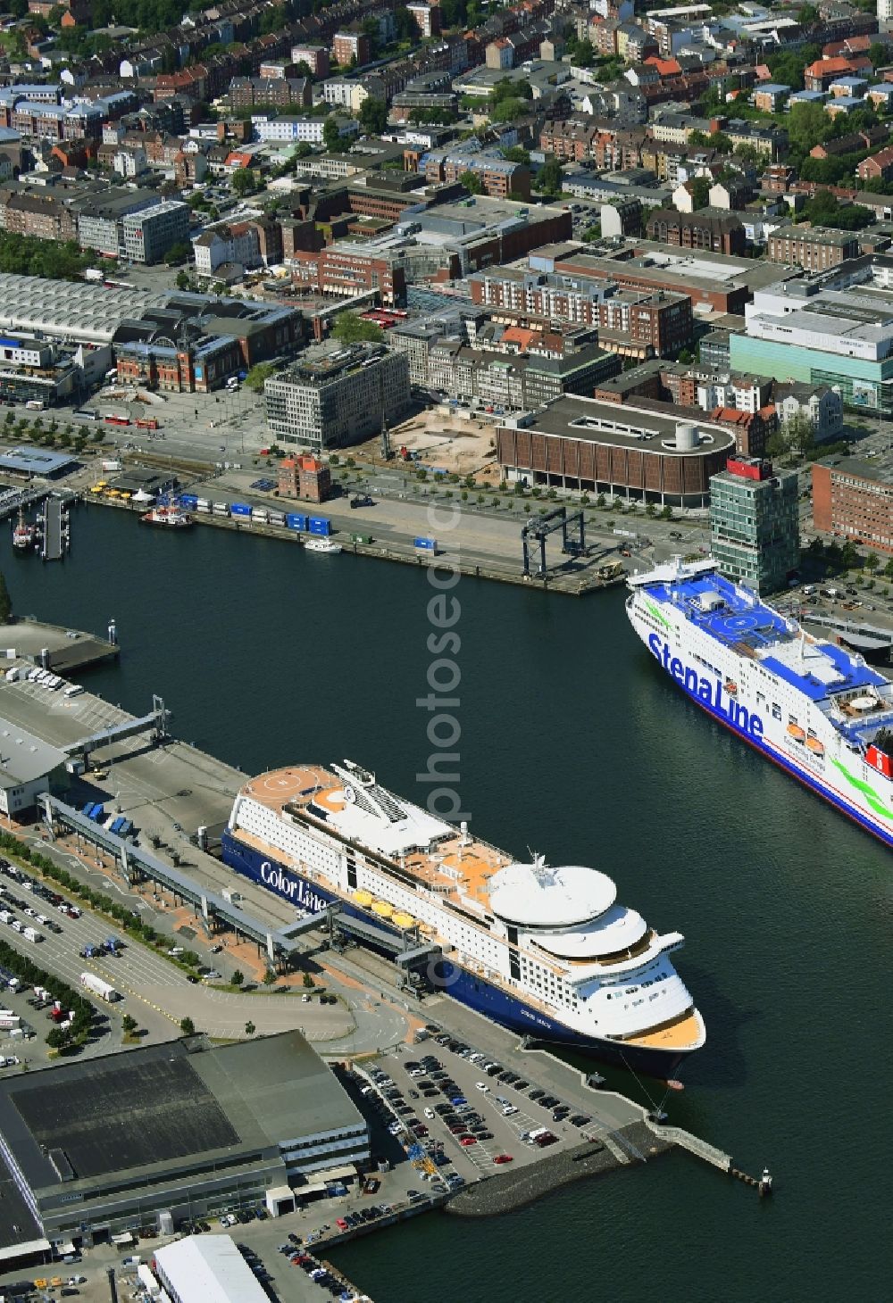 Kiel from above - Anchored and moored ferry in the harbor Color Magic in the district Gaarden-Ost in Kiel in the state Schleswig-Holstein, Germany