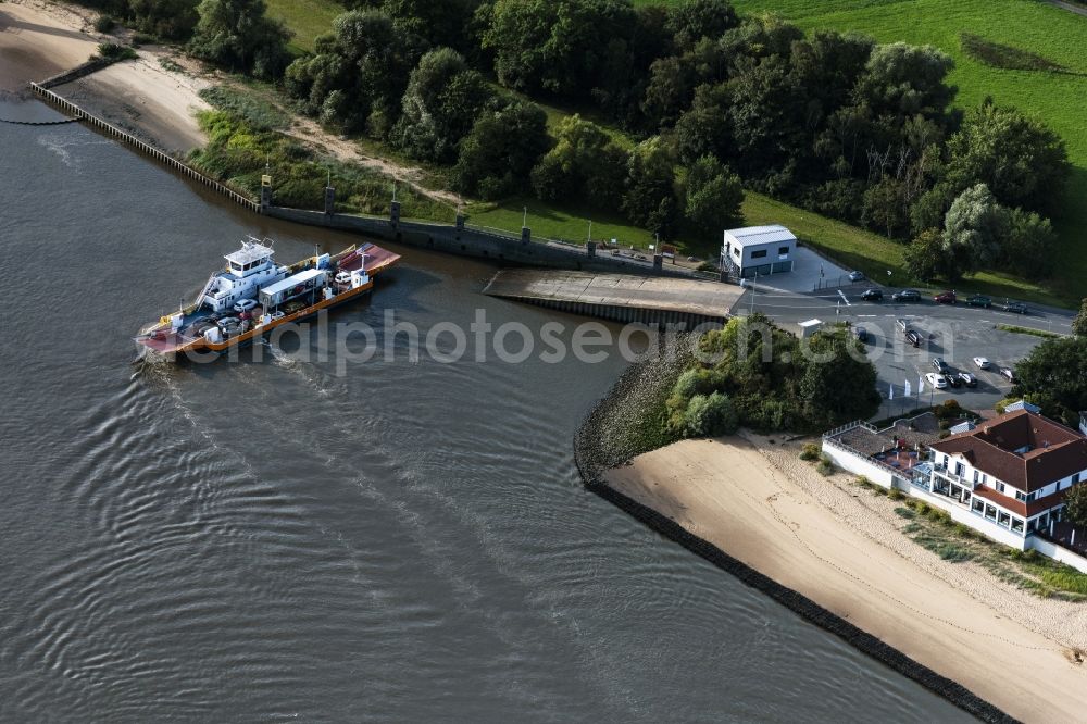 Berne from the bird's eye view: Anchored and moored ferry in the harbor on Faehranleger Bremen-Farge in Berne in the state Lower Saxony, Germany