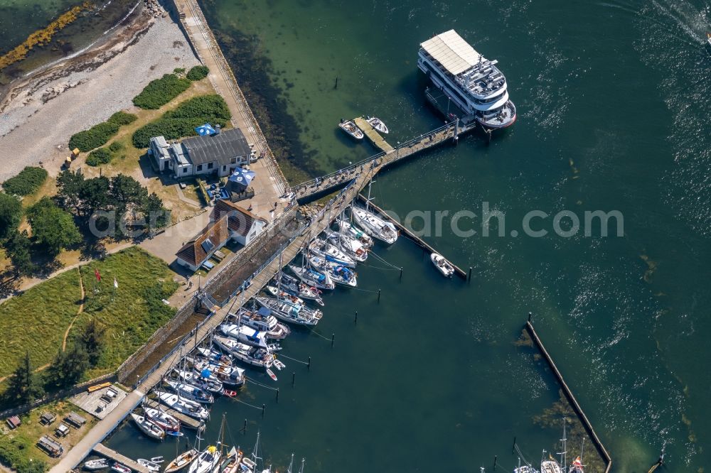 Kappeln from the bird's eye view: Anchored and moored ferry in the harbor on Lotseninsel Schleimuende in Kappeln in the state Schleswig-Holstein, Germany