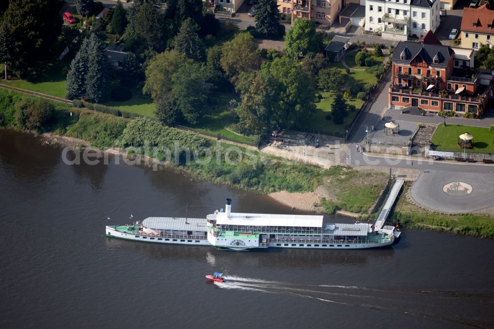 Aerial photograph Dresden - Anchored and moored ferry in the harbor Saechsische Dampfschifffahrt on August-Boeckstiegel-Strasse - Soebrigener Strasse in the district Pillnitz in Dresden in the state Saxony, Germany