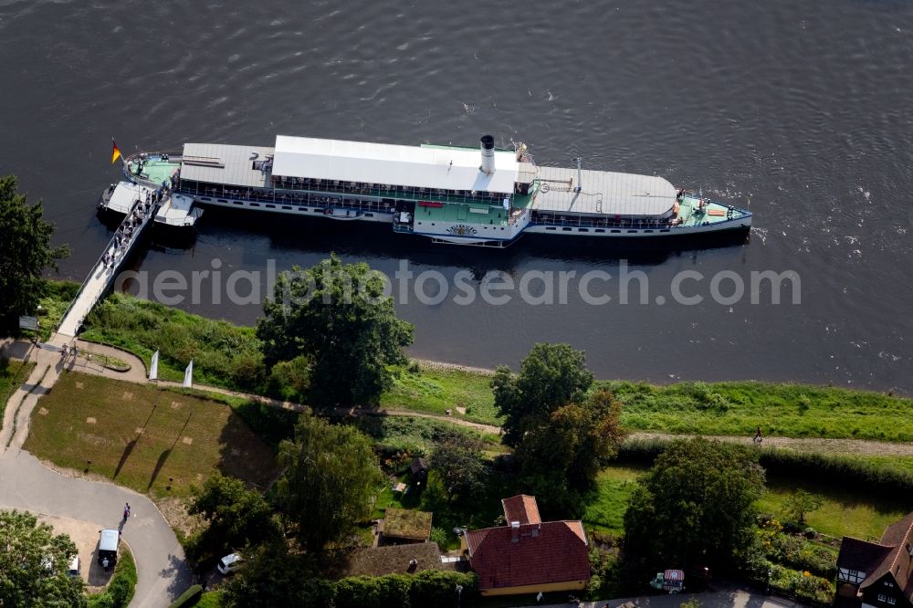 Dresden from the bird's eye view: Anchored and moored ferry in the harbor Saechsische Dampfschifffahrt on August-Boeckstiegel-Strasse - Soebrigener Strasse in the district Pillnitz in Dresden in the state Saxony, Germany