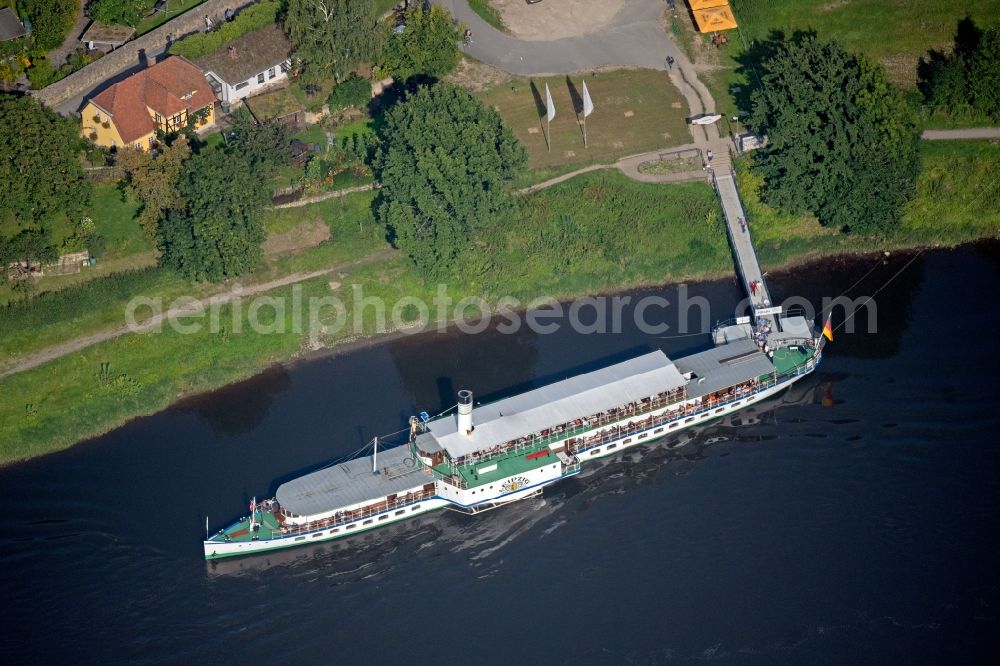 Aerial image Dresden - Anchored and moored ferry in the harbor Saechsische Dampfschifffahrt on August-Boeckstiegel-Strasse - Soebrigener Strasse in the district Pillnitz in Dresden in the state Saxony, Germany