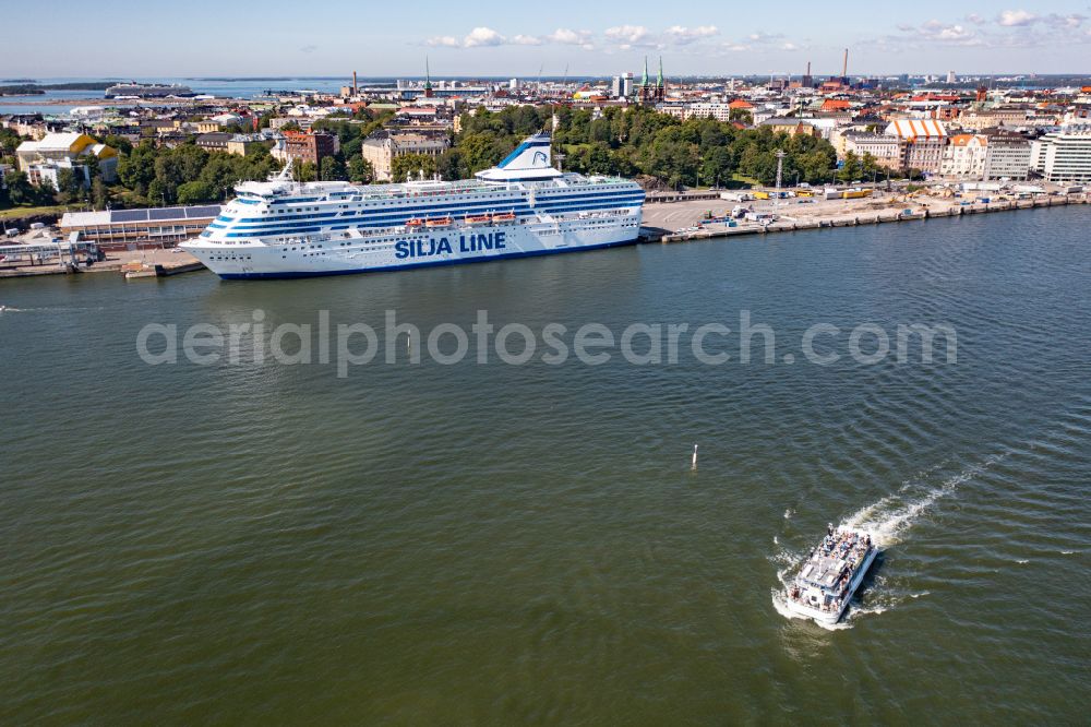 Aerial image Helsinki - Anchored and moored ferry in the harbor Silja Serenade in Helsinki in Uusimaa, Finland