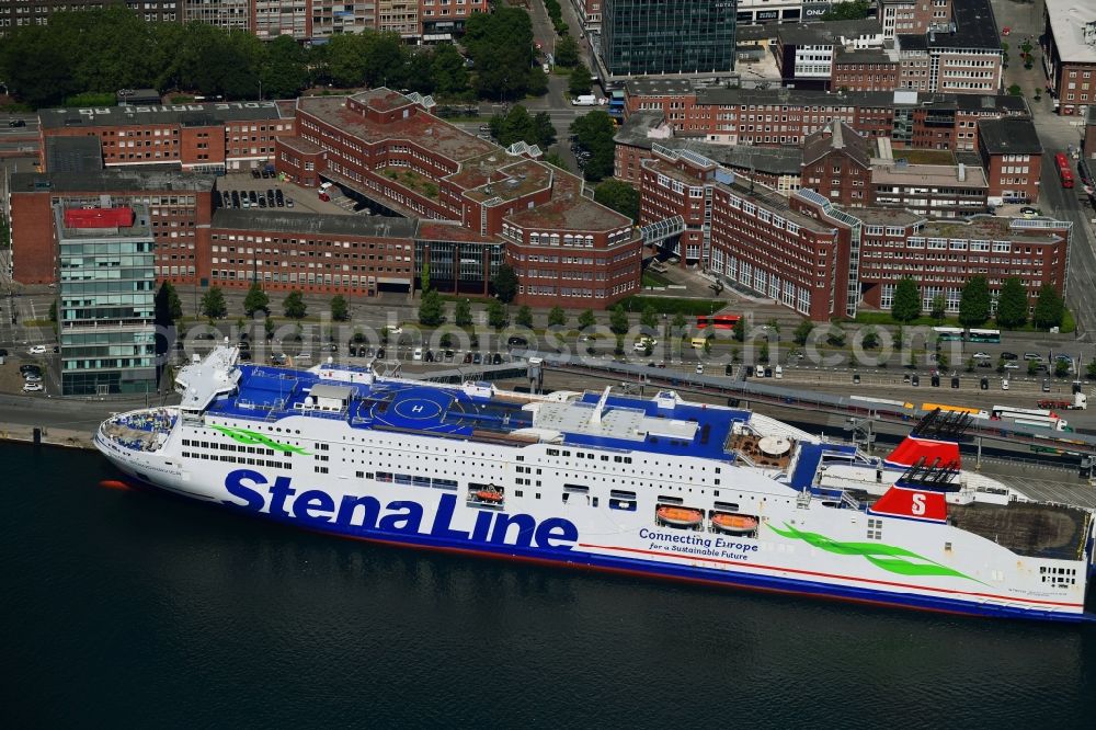 Kiel from above - Anchored and moored ferry in the harbor Stena Scandinavica in Kiel in the state Schleswig-Holstein, Germany