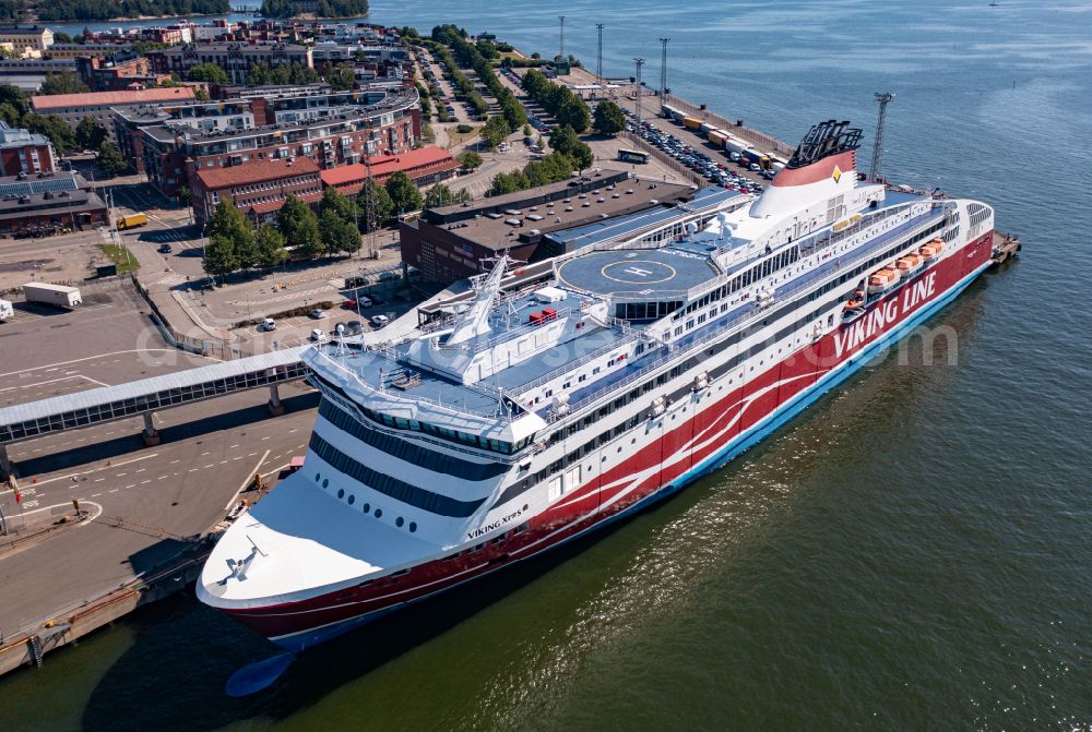 Helsinki from above - Anchored and moored ferry in the harbor Viking XPRS in Helsinki in Nyland, Finland