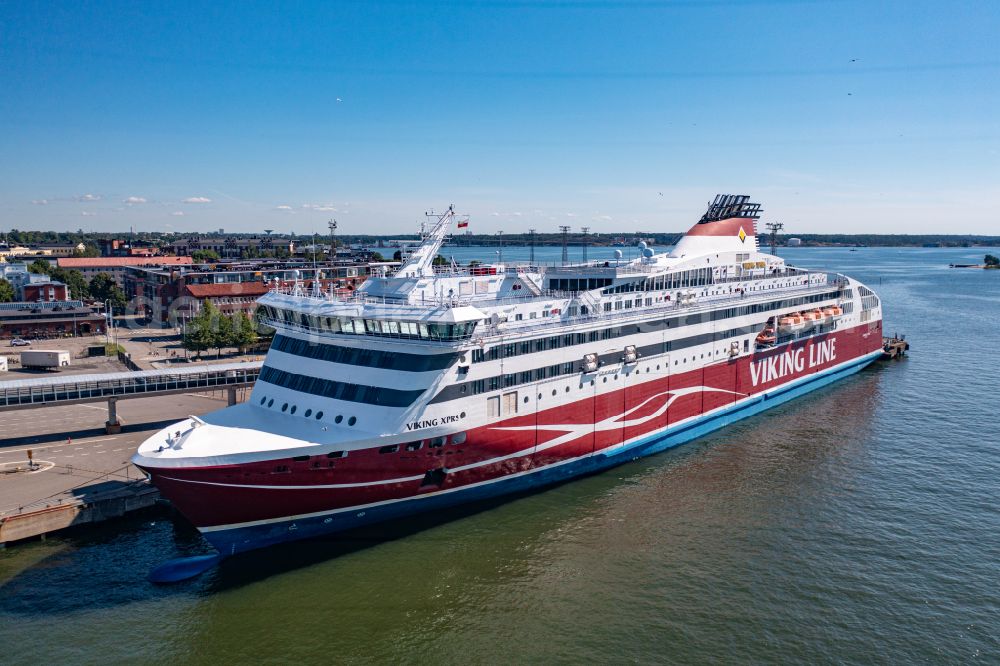 Helsinki from the bird's eye view: Anchored and moored ferry in the harbor Viking XPRS in Helsinki in Nyland, Finland