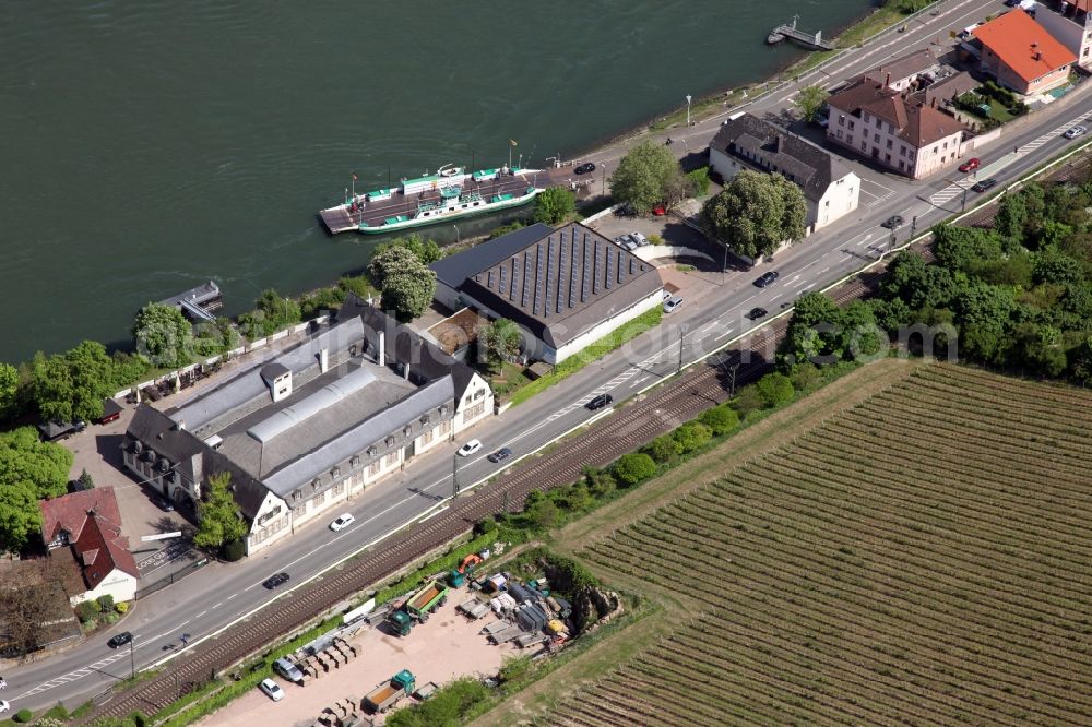 Nierstein from above - Ride of a ferry ship at the Ferries mooring in Nierstein in the state Rhineland-Palatinate, Germany