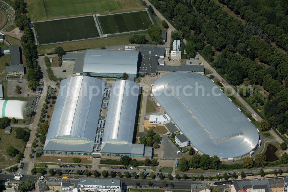 Berlin from above - Compound of the Sportforum Hohenschoenhausen in the Alt-Hohenschoenhausen part of the district of Lichtenberg in Berlin in Germany. The second largest sports and training facilities of Berlin include a complex of sports halls which are listed as protected buildings