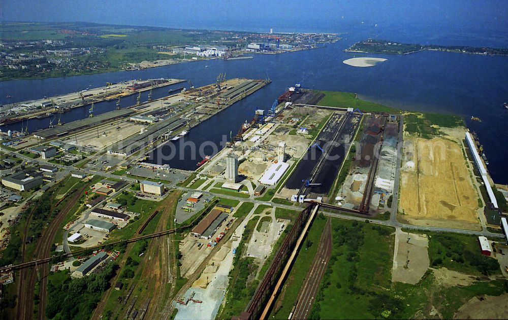 Aerial image Rostock - Warnemünde - On the east bank of the Unterwarnow are the extensive grounds of the Rostock international port