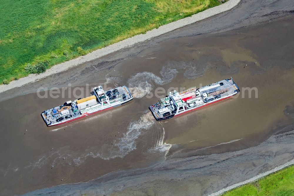 Aerial image Wischhafen - Docking ferry ships in the port in Wischhafen Wilhelm Krooss und der Ernst Sturm in the state Lower Saxony, Germany