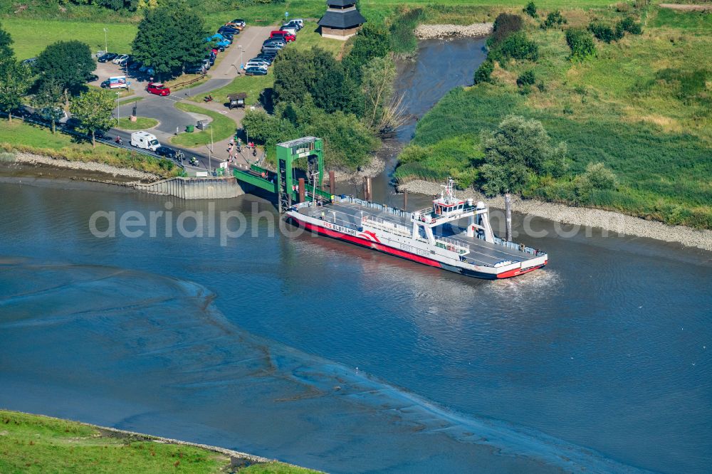 Wischhafen from above - Docking ferry Ernst Sturm in the port of Wischhafen in the state Lower Saxony, Germany