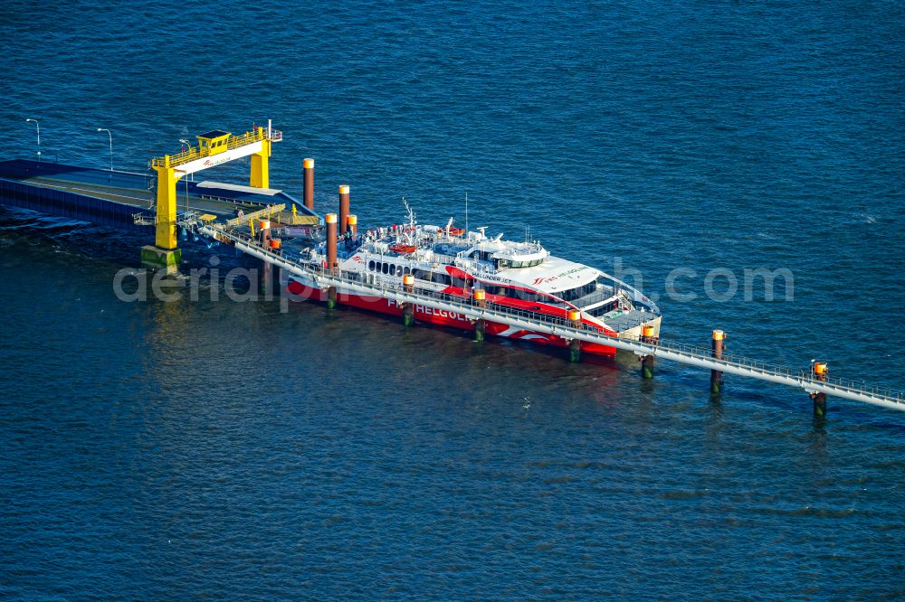 Brunsbüttel from above - Docking ferry ship Halunder Jet at the Elbe pier in Brunsbuettel in the state Schleswig-Holstein, Germany