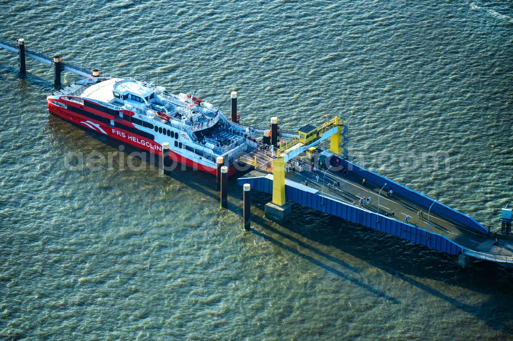 Brunsbüttel from the bird's eye view: Docking ferry ship Halunder Jet at the Elbe pier in Brunsbuettel in the state Schleswig-Holstein, Germany