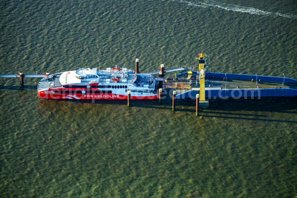 Aerial image Brunsbüttel - Docking ferry ship Halunder Jet at the Elbe pier in Brunsbuettel in the state Schleswig-Holstein, Germany