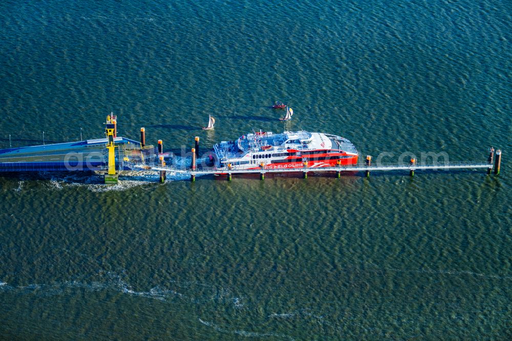 Brunsbüttel from above - Docking ferry ship Halunder Jet at the Elbe pier in Brunsbuettel in the state Schleswig-Holstein, Germany