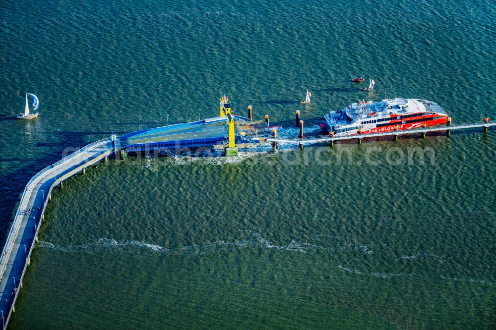 Brunsbüttel from the bird's eye view: Docking ferry ship Halunder Jet at the Elbe pier in Brunsbuettel in the state Schleswig-Holstein, Germany