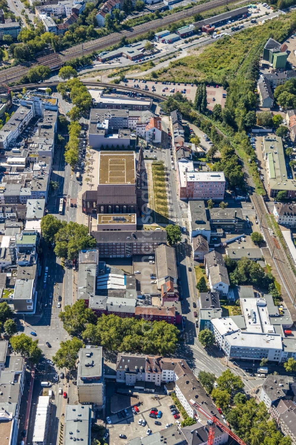 Bochum from above - Music Center of the Bochum Symphony Foundation at the former St.-Marien-Kirche at the Humboldtstrasse in Bochum in North Rhine-Westphalia