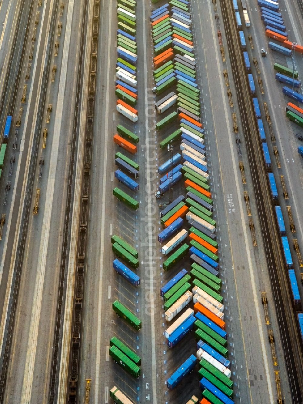 Aerial image Vernon - Colourful containers at the freight station in an industrial area along Bandini Blvd in Vernon in California, USA