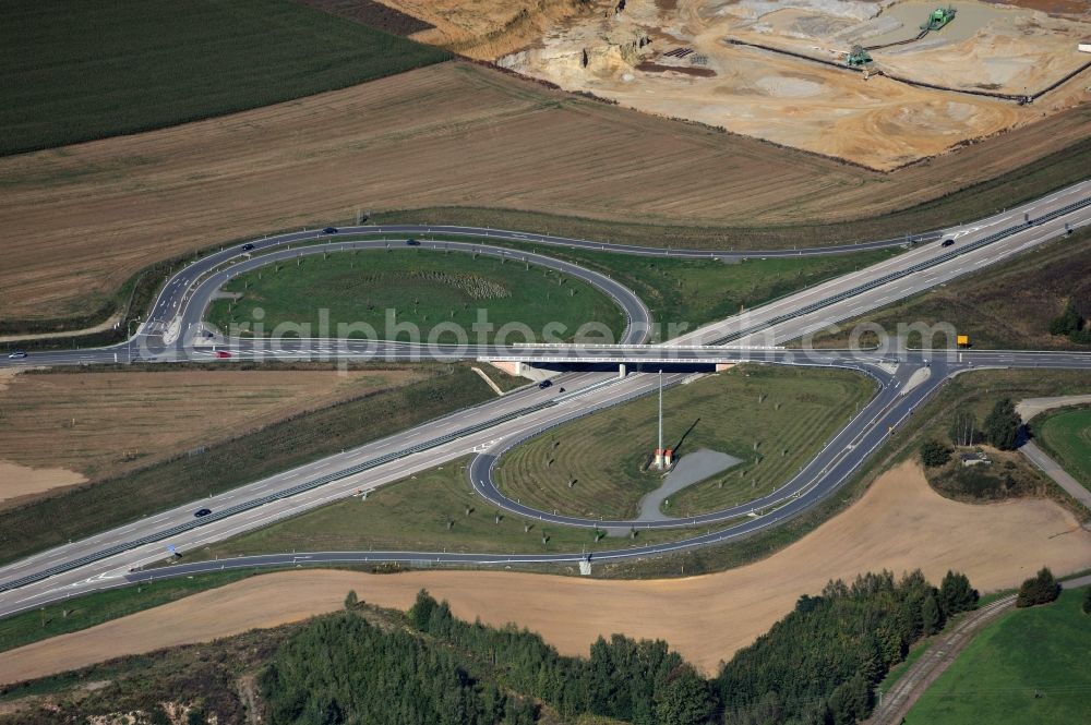 Penig from the bird's eye view: Junction resp. exit Penig of the motorway A 72 in Saxonia