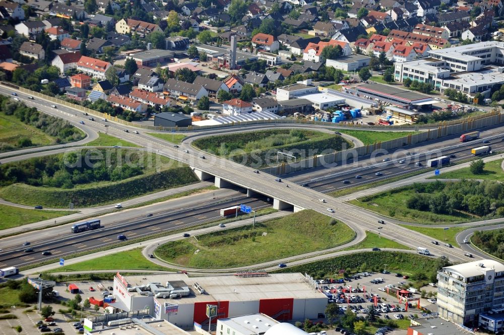 Aerial photograph Weiterstadt - Motorway Junction resp. interface of the A5 in Weiterstadt in the state Hesse