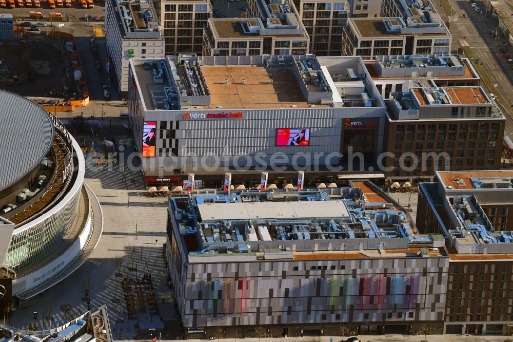 Berlin from the bird's eye view: Building on Anschutz- Areal along of Muehlenstrasse in the district Friedrichshain in Berlin, Germany