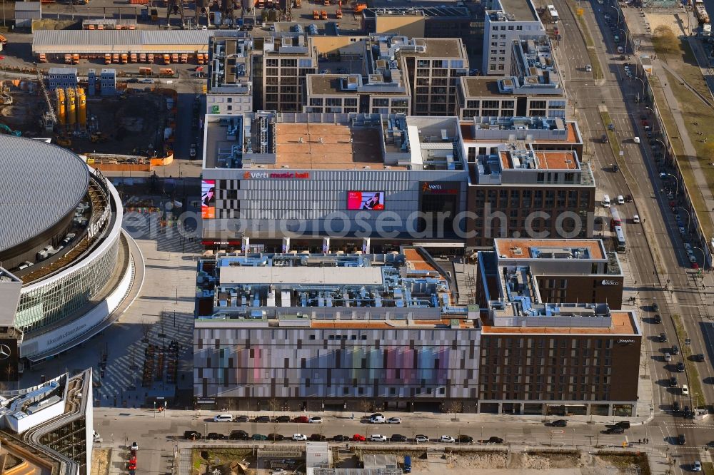 Aerial image Berlin - Building on Anschutz- Areal along of Muehlenstrasse in the district Friedrichshain in Berlin, Germany