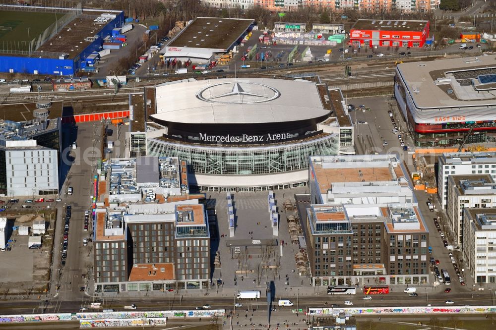 Aerial image Berlin - Building on Anschutz- Areal along of Muehlenstrasse in the district Friedrichshain in Berlin, Germany