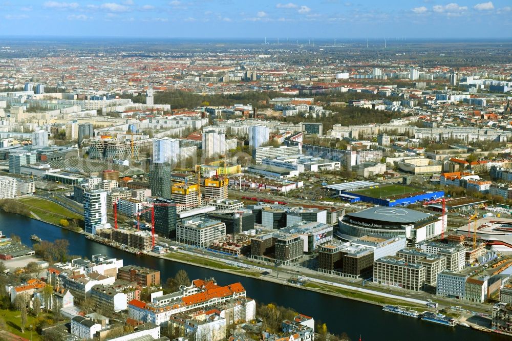 Berlin from above - Building on Anschutz- Areal along of Muehlenstrasse in the district Friedrichshain in Berlin, Germany