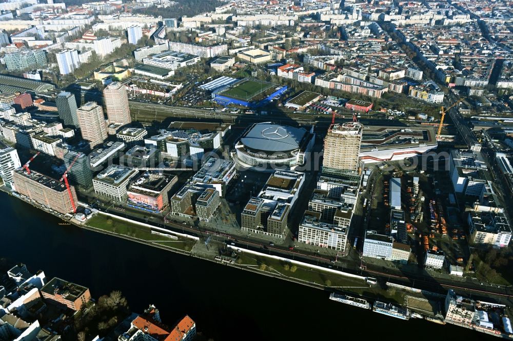 Berlin from above - City view Anschutz Areal on the river bank of Spree River in the district Friedrichshain in Berlin, Germany