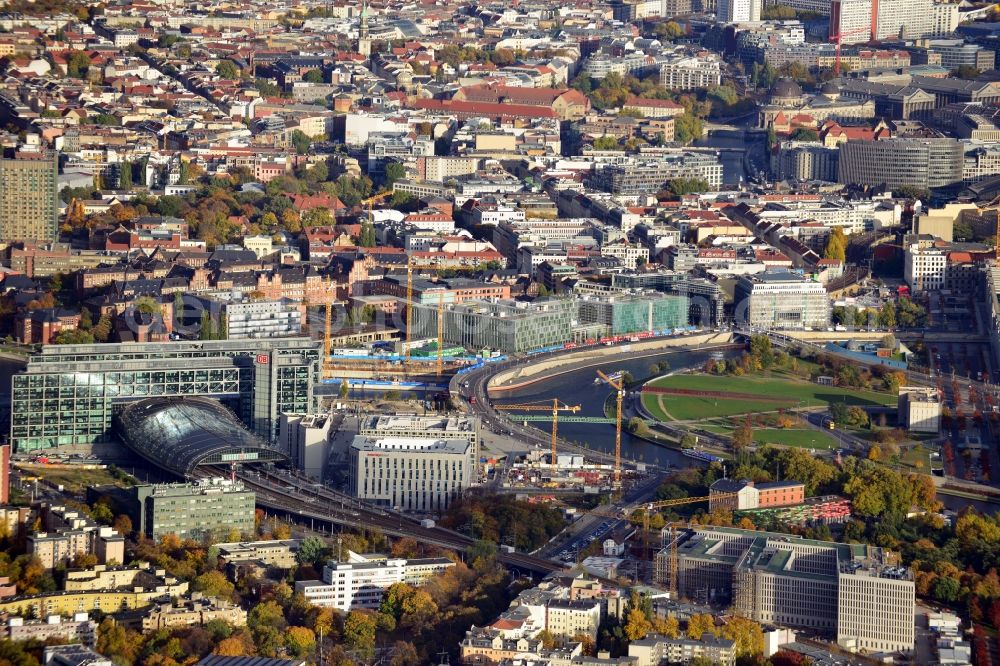 Berlin from above - Cityscape over the Berlin Central Station, Spreebogen, Humboldthafen and residential and commercial areas in the district of Mitte