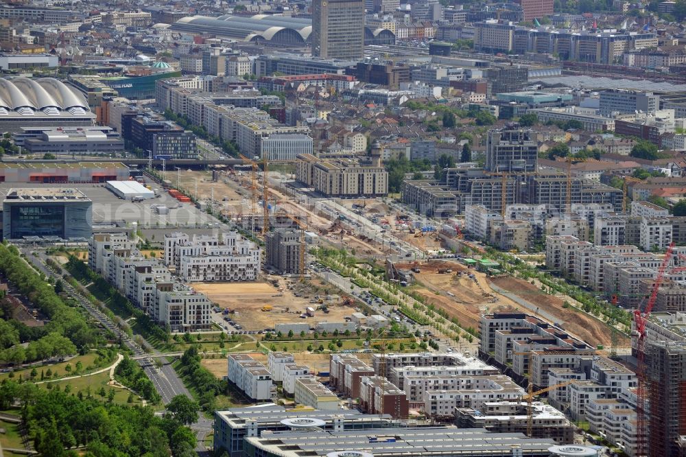 Aerial image Frankfurt am Main - View of the Europaviertel quarter in the Gallus part of Frankfurt in the state of Hesse. The quarter is a new downtown district on site of the former main freight yard in the Gallus part of the town. It was started in 2005 and the first high rise was opened in 2006. It will be completed in 2019 and include office buildings, hotels, appartment buildings, a school and social infrastructure such as parks and shopping facilities