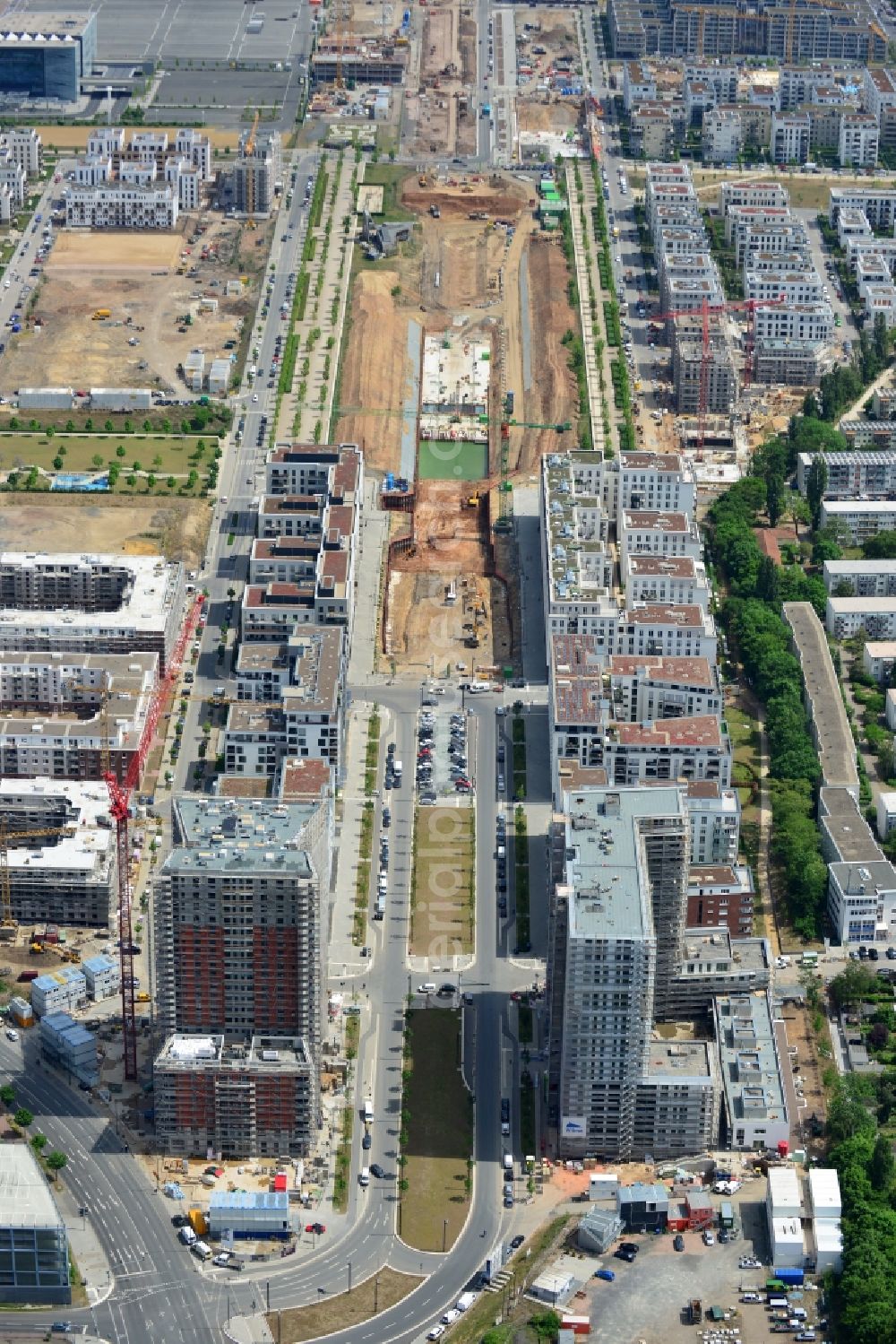 Frankfurt am Main from above - View of the Europaviertel quarter in the Gallus part of Frankfurt in the state of Hesse. The quarter is a new downtown district on site of the former main freight yard in the Gallus part of the town. It was started in 2005 and the first high rise was opened in 2006. It will be completed in 2019 and include office buildings, hotels, appartment buildings, a school and social infrastructure such as parks and shopping facilities. Westside Tower is being built on the Western entrance of the quarter