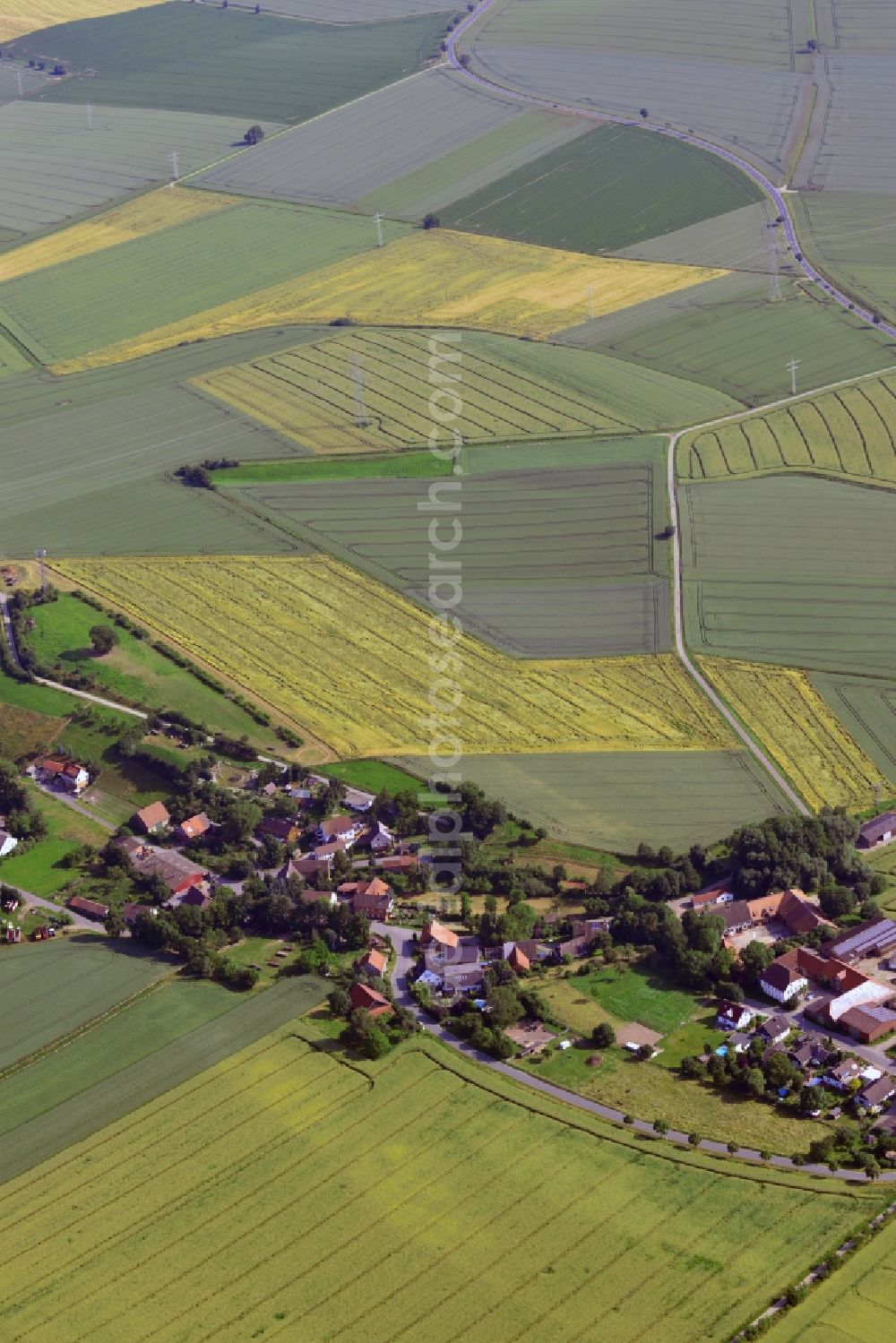 Aerial image Wegensen - View of the village Wegensen, part of the county of Halle in the country district of Holzminden in the state of Lower Saxony. The village lies in the Ithbörde valley in the mountain area of Weserbergland. It was incorporated into the county of Halle in 1973