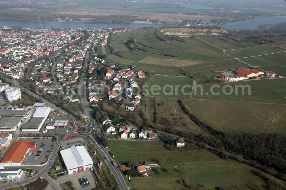 Nierstein from the bird's eye view: City view of Nierstein in the state Rhineland-Palatinate. In the background the Rhine river