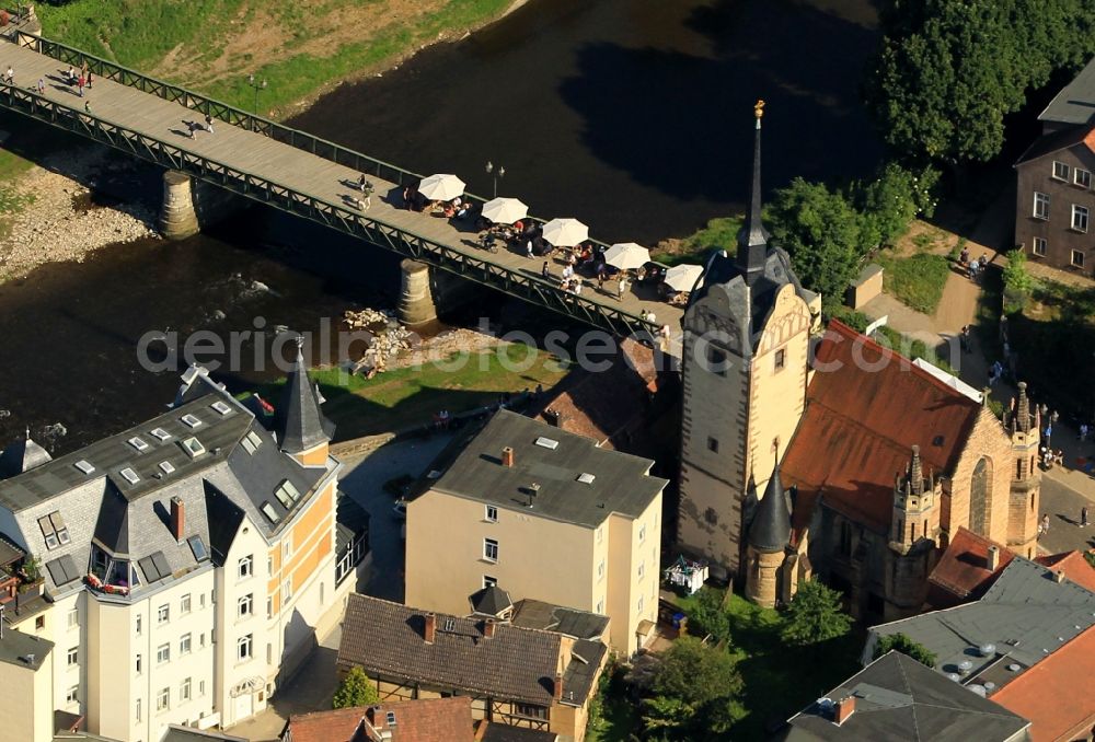 Gera from the bird's eye view: View of the Untermhaus district with the St. Mary's Church, the Otto Dix House and the Reußisches Justice Office building of the former chamber property, which are located at Mohrenplatz and are in close proximity to the river Weiße Elster and the bridge Untermhäuser Brücke in Gera in Thuringia