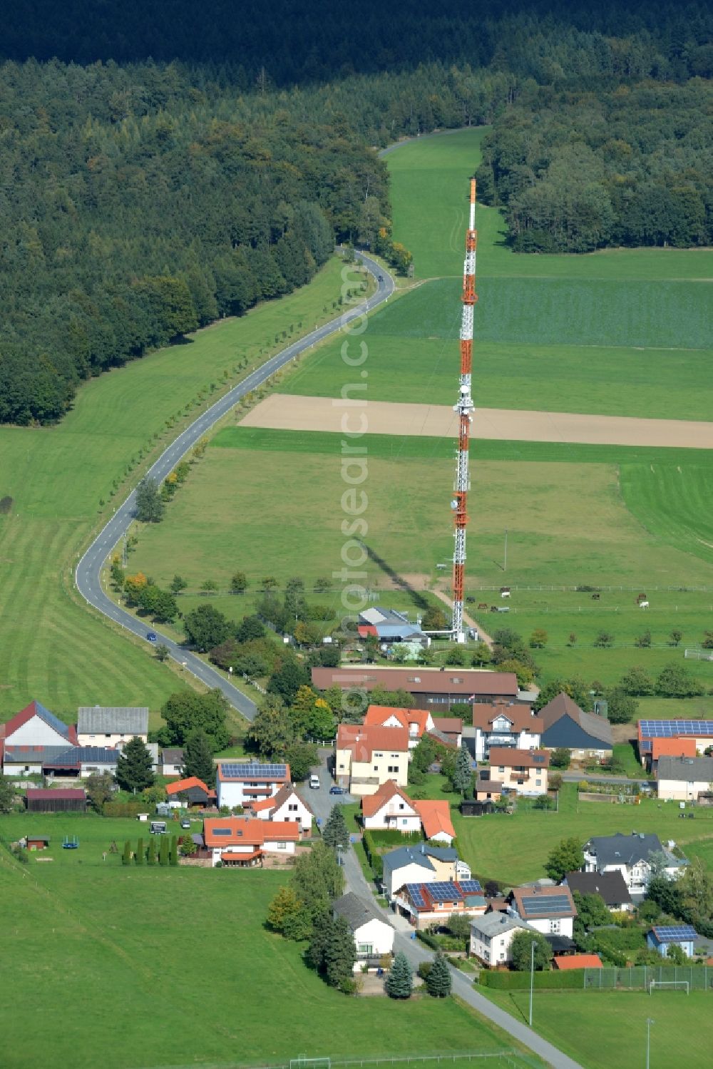 Michelstadt from above - Antenna and transmission tower radio mast an der Hauptstrasse in Michelstadt in the state Hesse