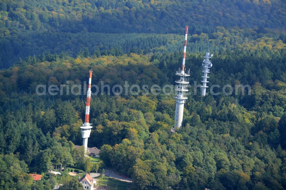 Heidelberg from the bird's eye view: Antenna and transmission tower radio mast on Koenigsstuhl in Heidelberg in the state Baden-Wuerttemberg