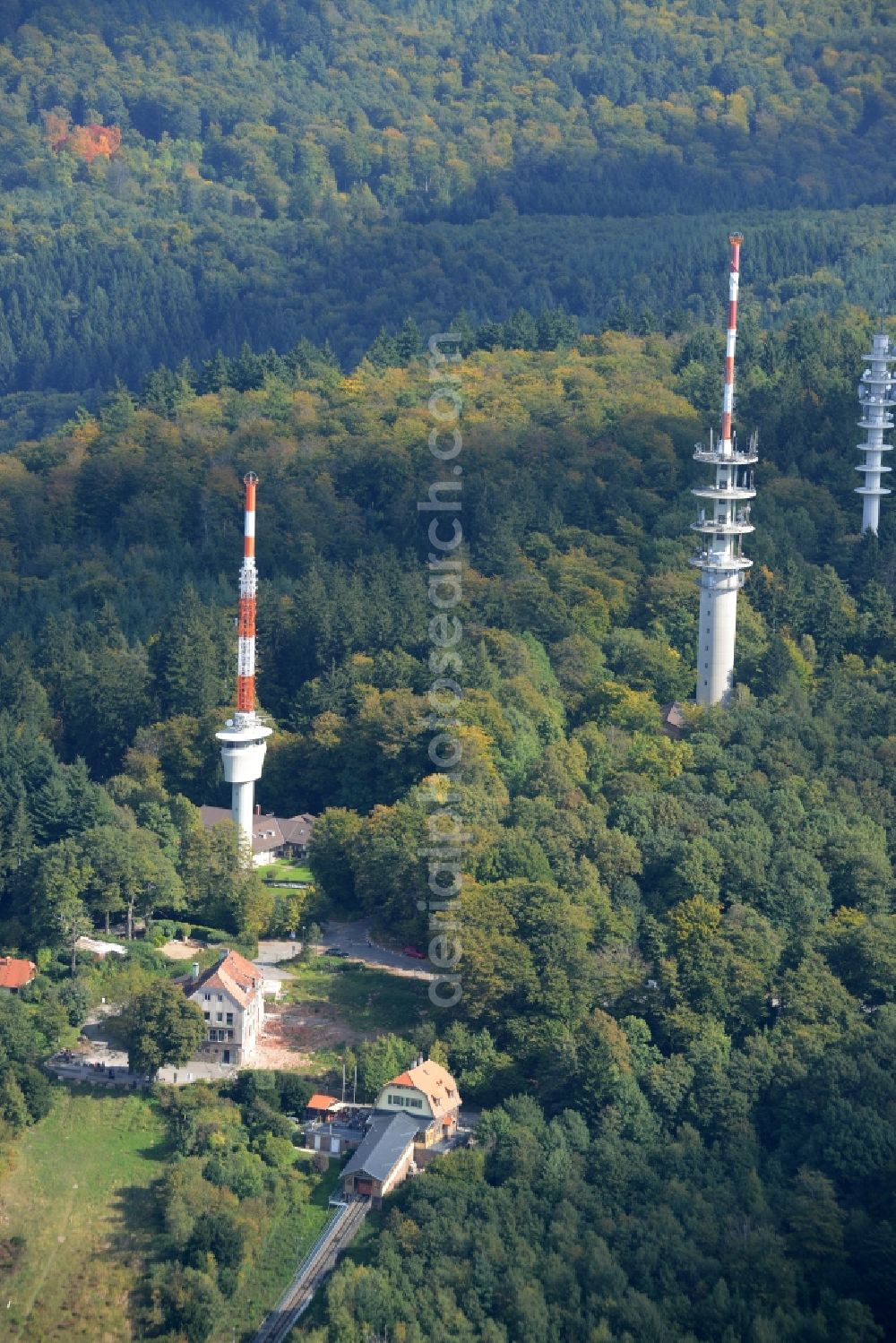 Aerial image Heidelberg - Antenna and transmission tower radio mast on Koenigsstuhl in Heidelberg in the state Baden-Wuerttemberg